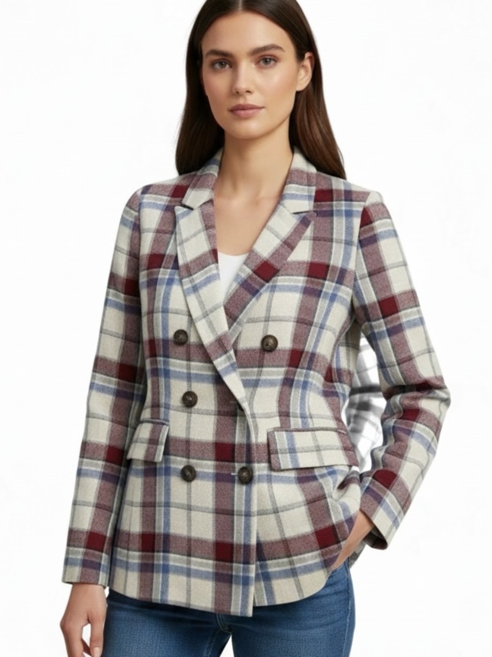Anthropologie Moon River Plaid Blazer L Double Breasted Menswear Style